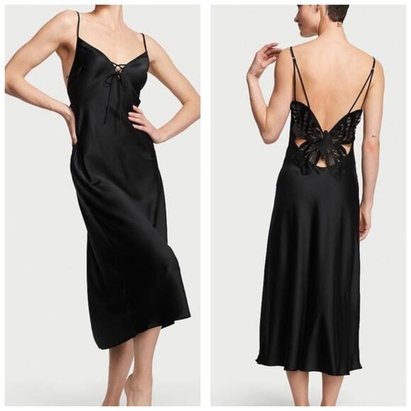 Victoria’s Secret Dresses & Skirts - Victoria’s Secret Black Satin Butterfly Midi Slip Dress Sz Large Y2K Whimsigoth
